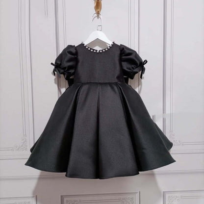 Elegant Baby Girls Black Puff Sleeve Dress Toddler Formal Dress