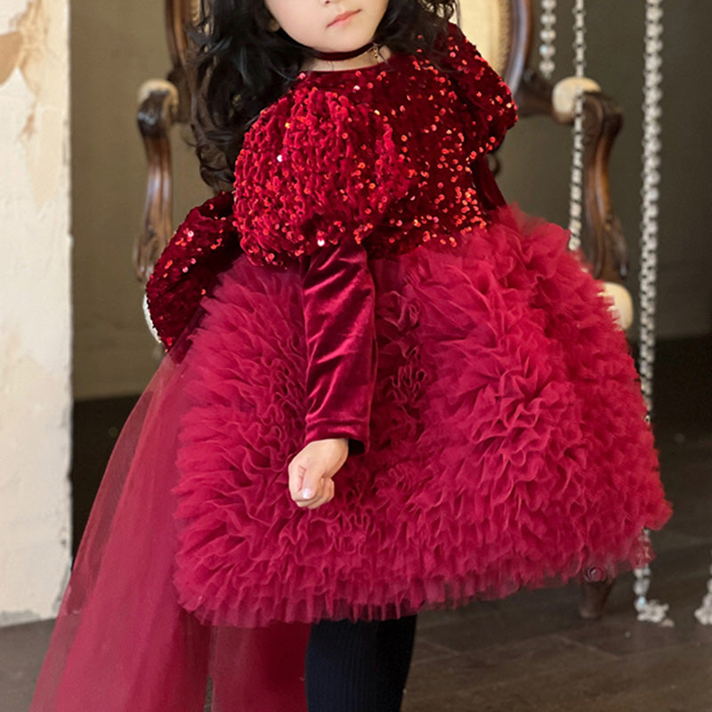 Girl Christmas Dress Beauty Pageant Dress Toddler Sequin Big Bow Party Princess Dress