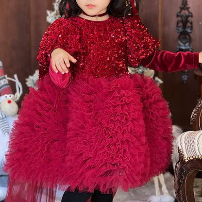 Girl Christmas Dress Beauty Pageant Dress Toddler Sequin Big Bow Party Princess Dress