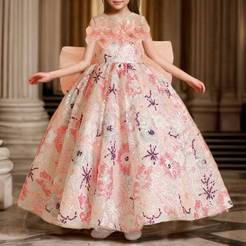 Elegant Baby Floral Big Bow Princess Dresses Toddler Long Prom Dress