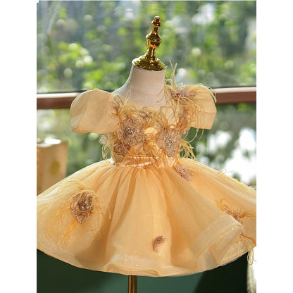 Yellow Princess Puffy Skirt Flower Girl Wedding Dress