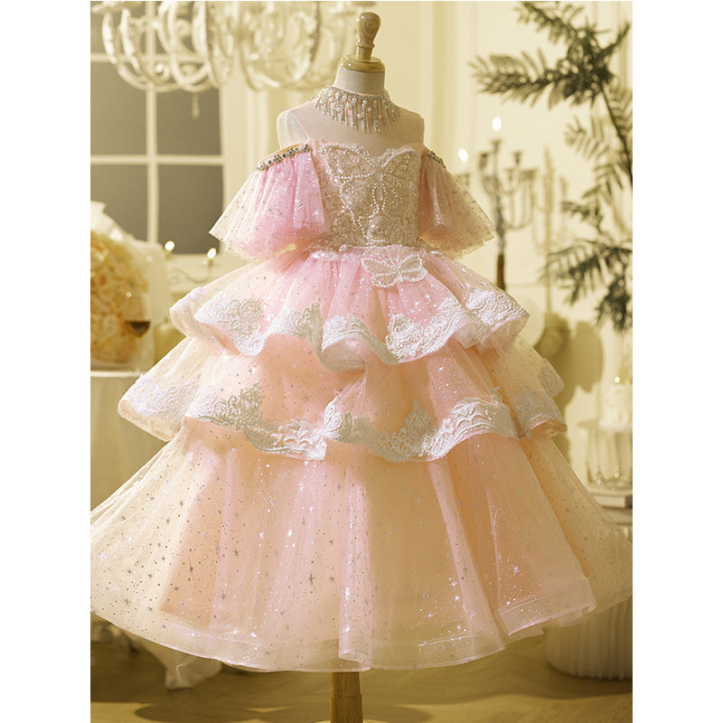 Pink Lace Girls Birthday Princess Dress