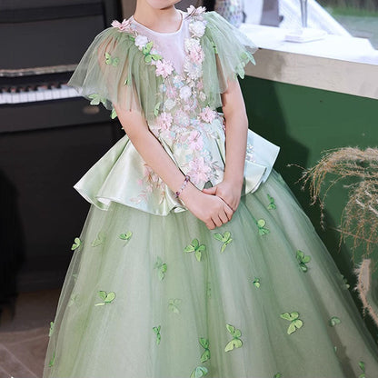 Elegant Baby Girls Green Floral Puff Sleeve Evening Dress Toddler Flower Girl Dresses