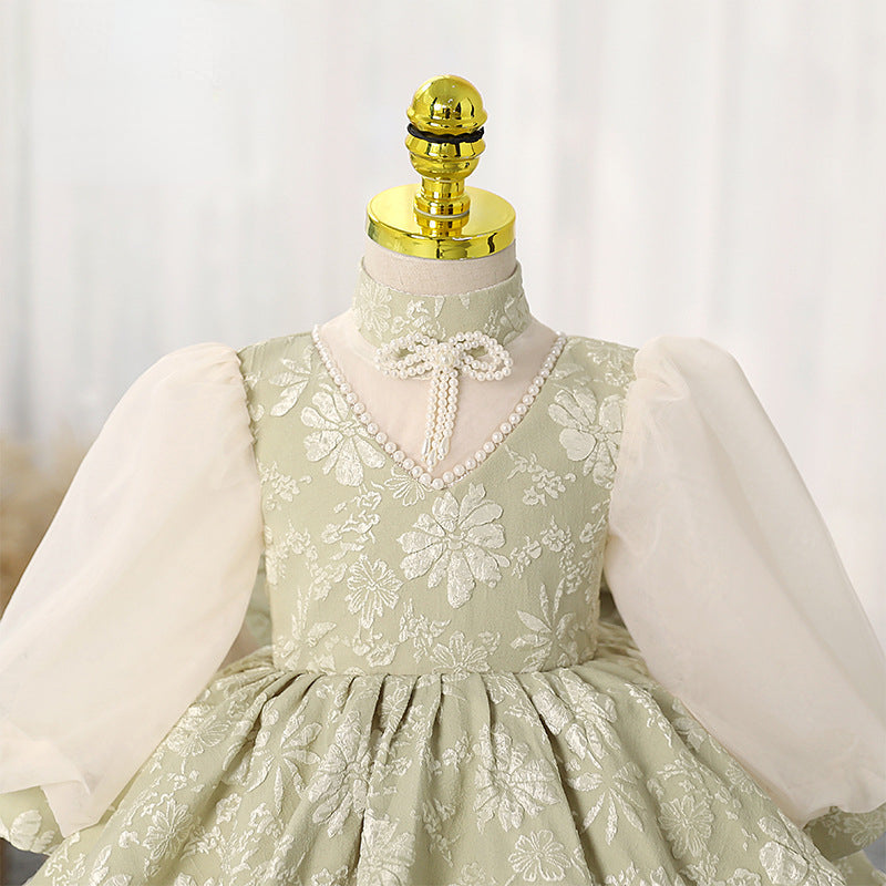 Elegant Baby Girls Green Puff Sleeve Embroidered Christening Dress Toddler Birthday Costume Princess Dress