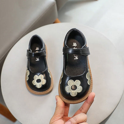 Girls' Small Leather Shoes with Flower Embroidery Princess