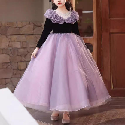 Girls Birthday Long Sleeve Dress Children Purple Puffy Princess Dress