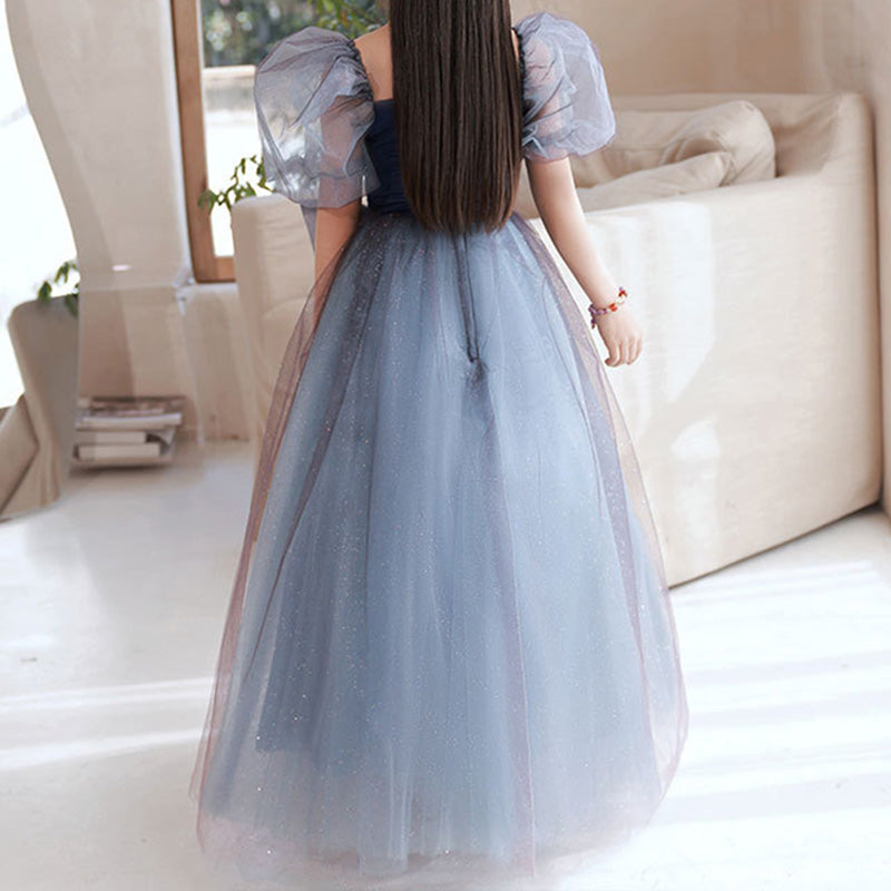 Sweet Baby Girls Blue Gray Puff Sleeve Bow Mesh Long Skirt Toddler Birthday Party Princess Dress