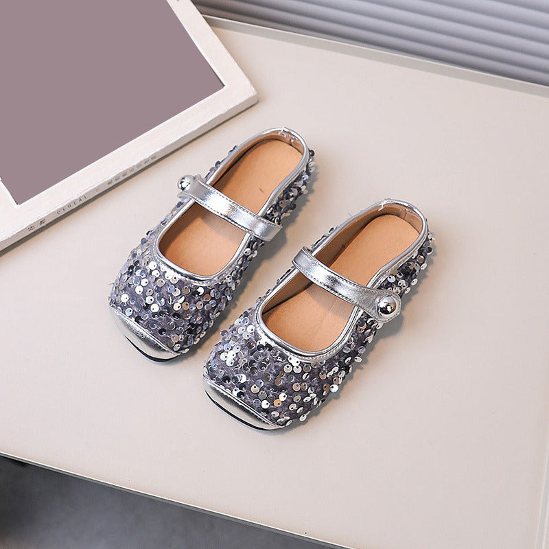 Girls Sequined Leather Shoes Shallow Mouth Flat Princess Shoes