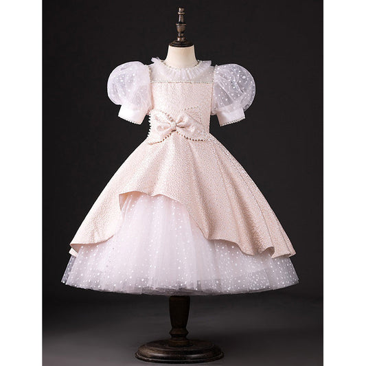 Girls Puff Sleeve Birthday Dress Pink Princess Dress with Bow