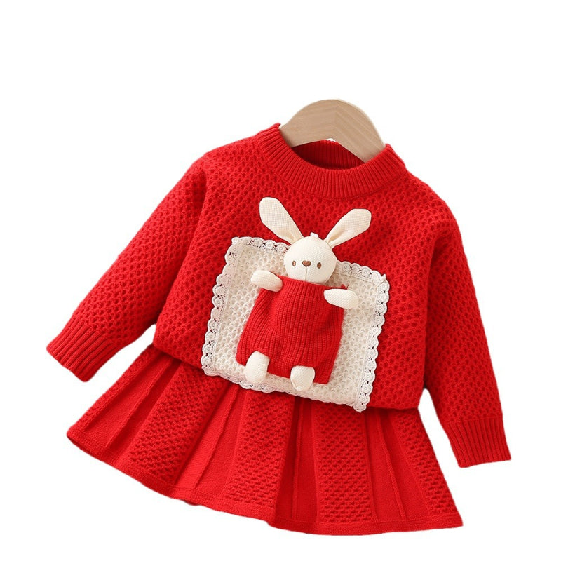 Girls Doll Knit Top Skirt Two-piece Sweater Set