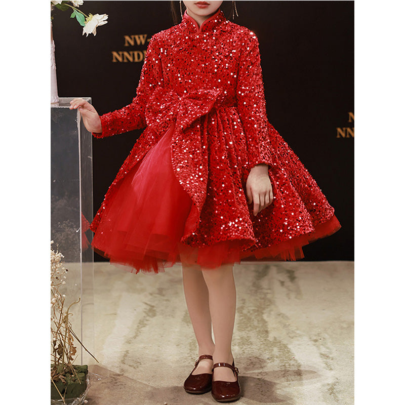 Toddler Girl Winter Red Sequin Bow Fluffy Princess Dress