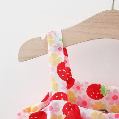 Summer Baby Girl Strawberry Print Bow-knot Suspender Suit