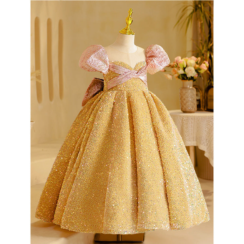 Flower Girl Dress Children Bow Sequins Beauty Pageant Princess Dress