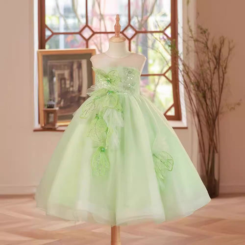 Elegant Baby Green Leaves Sequin Mesh Party Dresses Toddler Girl Formal Dresses