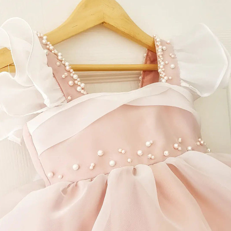 Elegant Baby Girls Butterfly Sleeve Pearl Pink Performance Dress Dress Toddler Flower Girl Puff Princess Dress