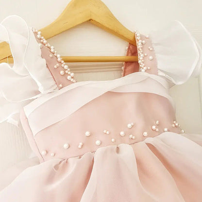 Elegant Baby Girls Butterfly Sleeve Pearl Pink Performance Dress Dress Toddler Flower Girl Puff Princess Dress