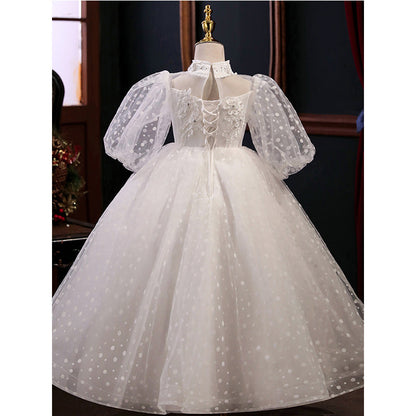 Flower Girl Dress Children First Communion White Princess Dress Long Sleeves Fluffy Pageant Dress