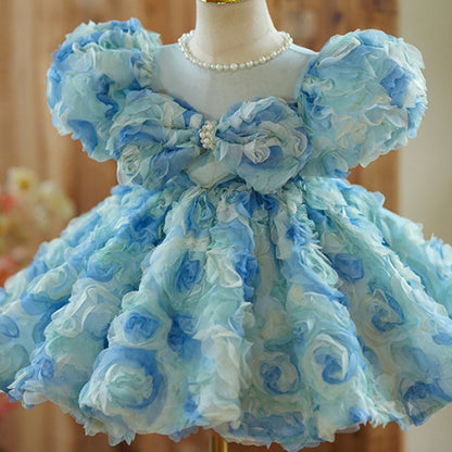 Girls Birthday Blue Rose Tutu Skirt Prom Dress