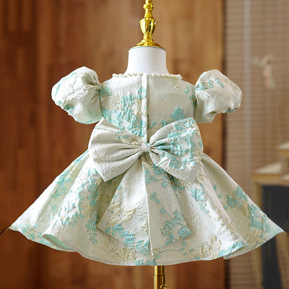 Elegant Baby Girls White Green Jacquard Pattern Puff Sleeve First Year Dress Princess Dresses For Girls