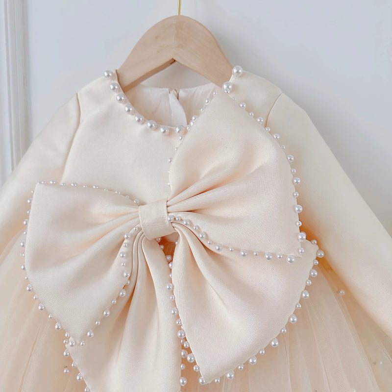 Elegant Baby Girl Long-sleeved Big Bow Pearl Tulle Dress Toddler First Communion Dress