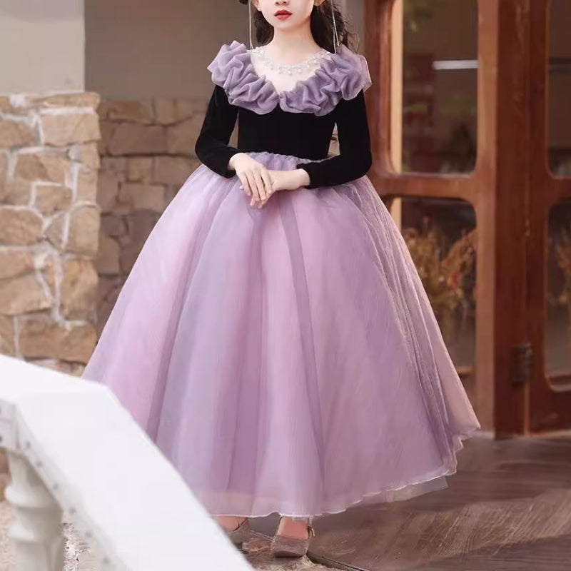 Girls Birthday Long Sleeve Dress Children Purple Puffy Princess Dress