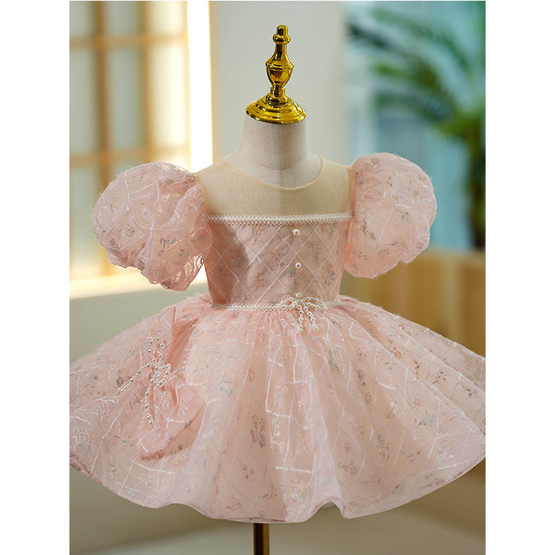 Toddler Prom Dress Girl Summer Puff Sleeve Bowknot Pink Birthday Party Dress