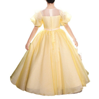 Elegant Baby Yellow Mesh Sequin Party Dress Toddler Birthday Costume Princess Dress