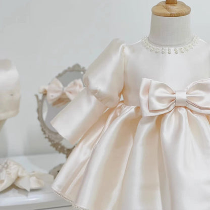 Elegant Baby Puff Long Sleeve Satin Bow First Birthday Dress Toddler Ball Gowns