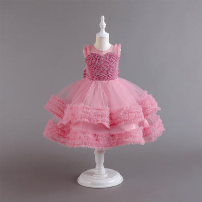 Elegant Baby Girls Pink Mesh Formal Dresses Toddler Costume Princess Dress