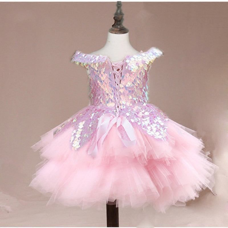 Elegant Baby Girls Pink One Shoulder Sequin Short Tail Princess Dress Princess First Year Dress