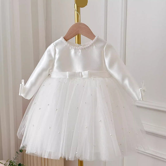 Elegant Baby Girl White Flower Girl Puff Princess Dress Toddler First Birthday Dress