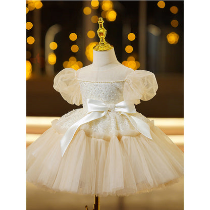 Flower Girl Dress Toddler Baptism Princess Puff Sleeve Beaded Mesh Fluffy Dress