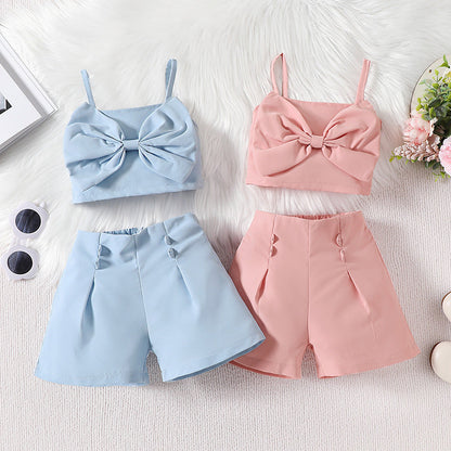 Girls Short Bowknot Suspender Solid Color Shorts Two-piece Set