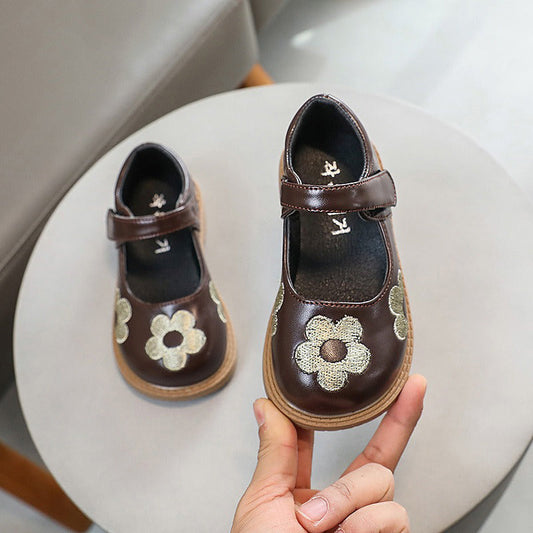 Girls' Small Leather Shoes with Flower Embroidery Princess