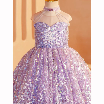 Elegant Baby Girls Purple Strapless Sequin Dress Toddler Girls Pageant Dresses