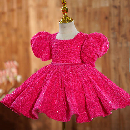 Elegant Baby Girls Rose Red Square Neck Sequined Puff Dress Toddler Flower Girl Princess Dress