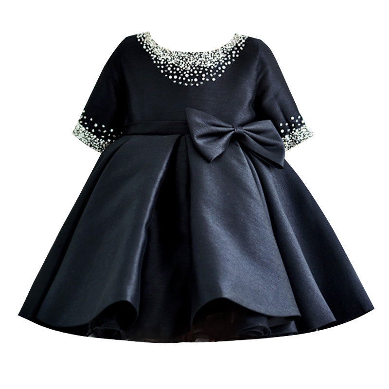 Elegant Baby Girls Black Bow Puff First Birthday Princess Dress Toddler Prom Dress