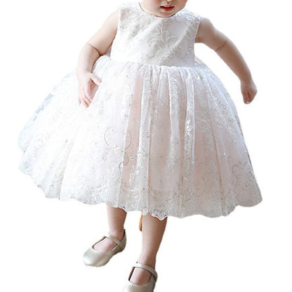 Sweet Baby Girls Sleeveless White Patterned Mesh Puffy Princess Dress Toddler Baptism Dresses