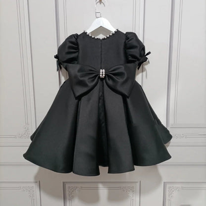 Elegant Baby Girls Black Puff Sleeve Dress Toddler Formal Dress