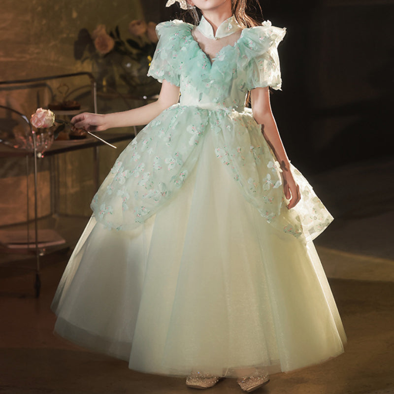 Flower Girl Dress Children Concealed Zip Stand Collar Flower Puffy Princess Dress