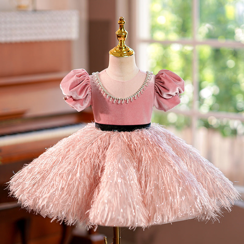 Pink Fluffy Princess Birthday Dress with Beads