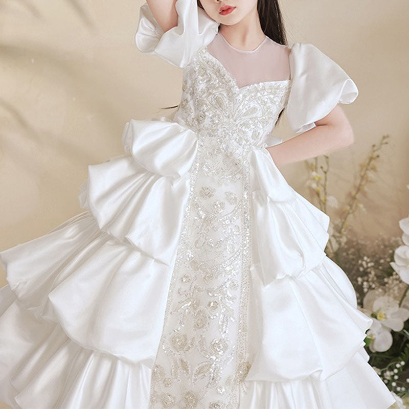 Girls Wedding Birthday Party Splicing Bowknot Princess Dress