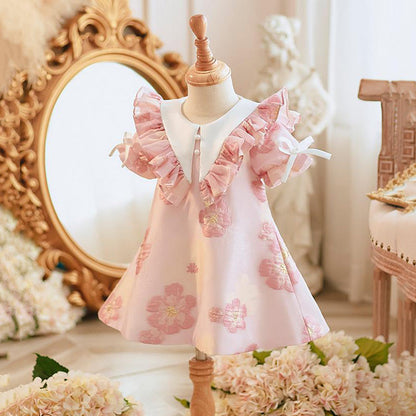 Sweet Baby Girls Pink Floral Doll Collar Birthday Dress Toddler Princess Dress