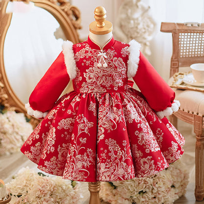 Girls Christmas Embroidery Winter Dress Toddler  Long Sleeves Princess Dress