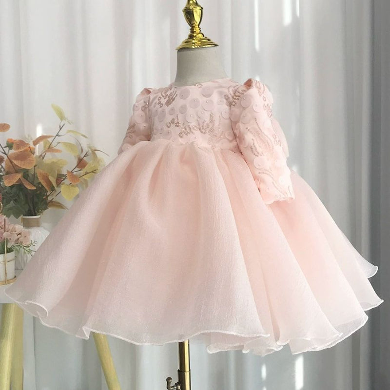 Elegant Baby Pale Pink Patterned Mesh Bow Mesh Pleated Dress ToddlerFormal Dresses