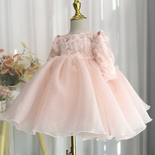 Elegant Baby Pale Pink Patterned Mesh Bow Mesh Pleated Dress ToddlerFormal Dresses