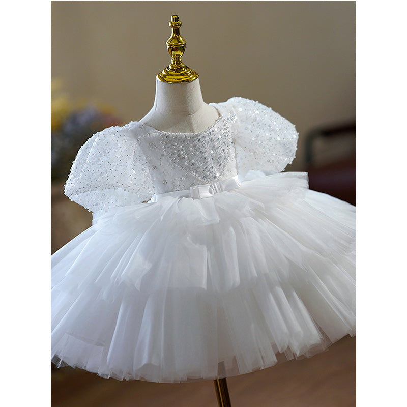 Toddler Prom Dress Flower Girl Dress Christening Princess Baptism Puff Sleeve Sequin Fluffy Party Dress