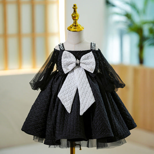 Little Girl Dress Toddler Black Summer Princess Bow Knot Fluffy Party Dress