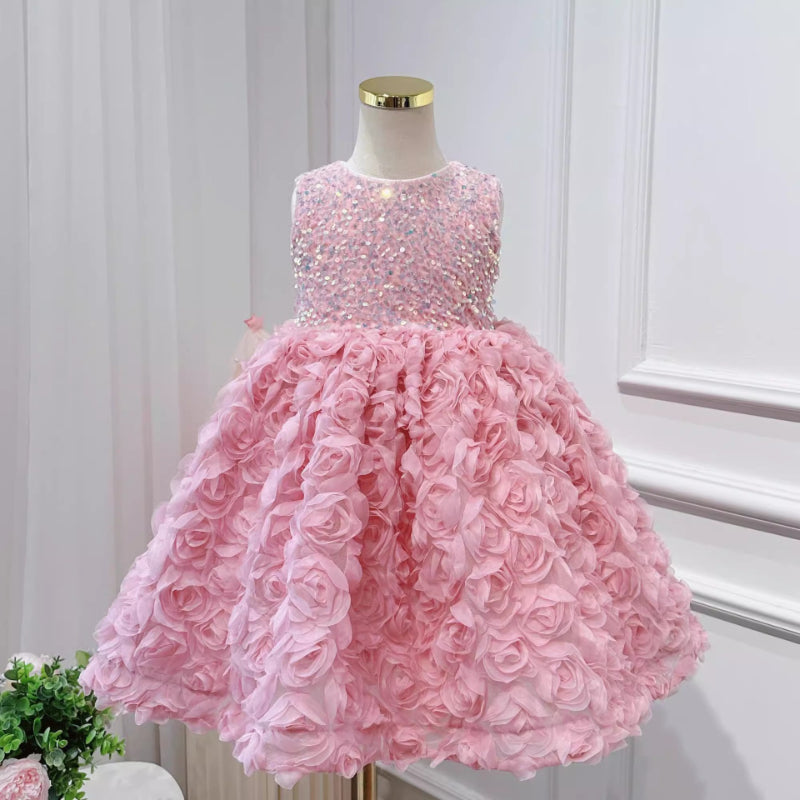 Elegant Baby Girls Sleeveless Three-dimensional Rose Formal Dresses Toddler Party Dresses Princess Dress