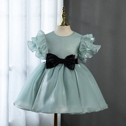 Elegant Baby Girls Turquoise Bow Fly Sleeve Puff Dress Toddler Birthday Costume Princess Dress